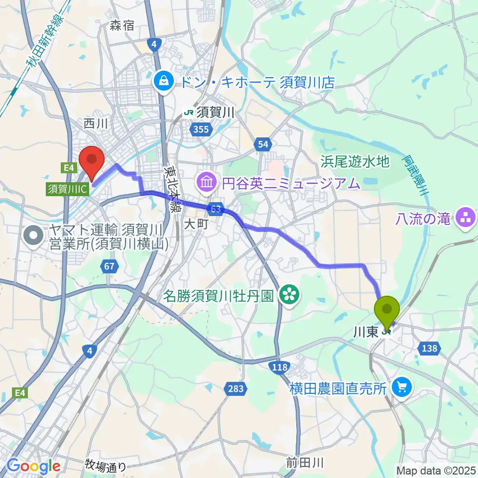 川東駅から須賀川市文化センターへのルートマップ地図