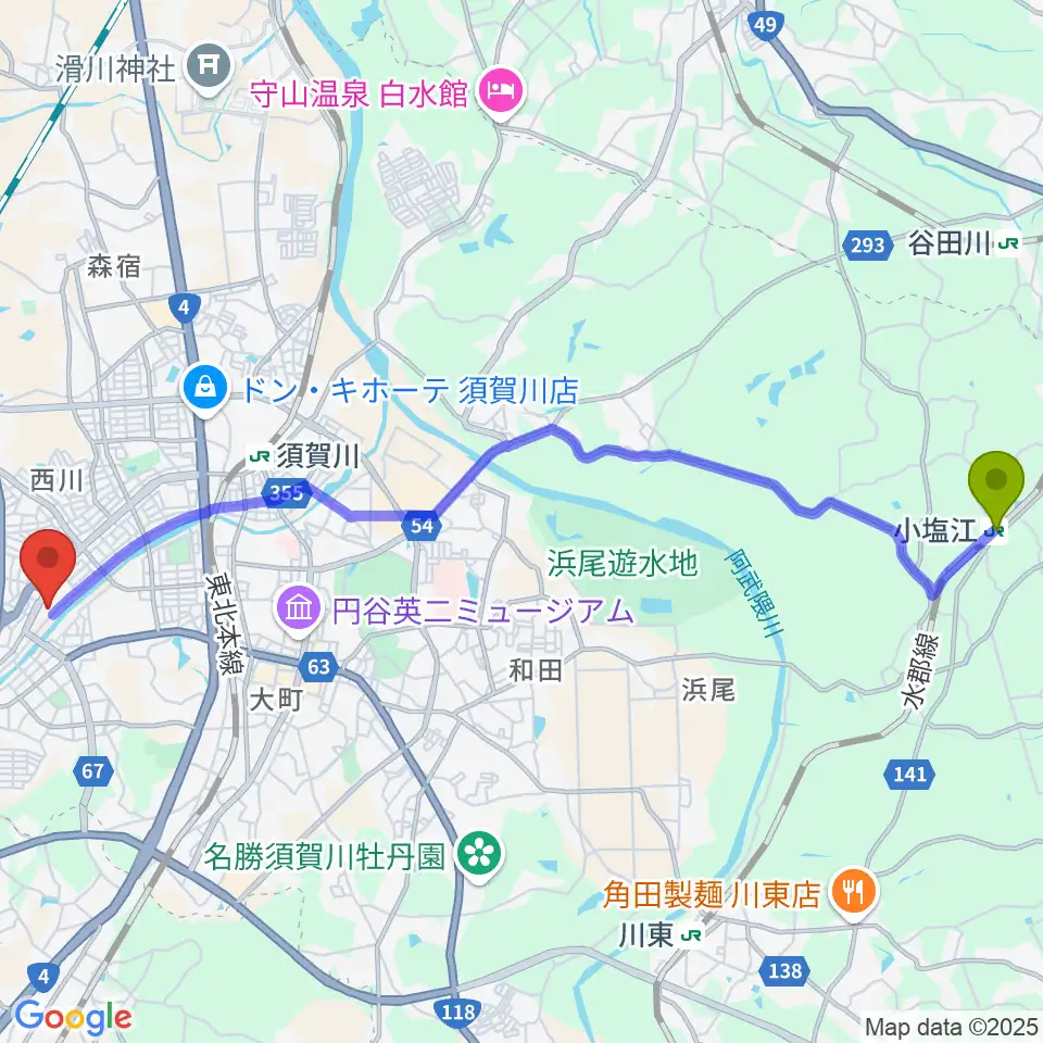 小塩江駅から須賀川市文化センターへのルートマップ地図