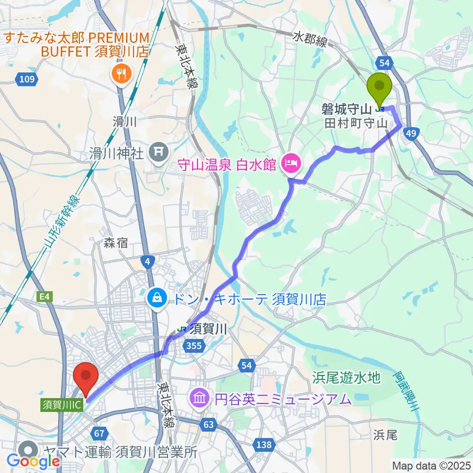 磐城守山駅から須賀川市文化センターへのルートマップ地図