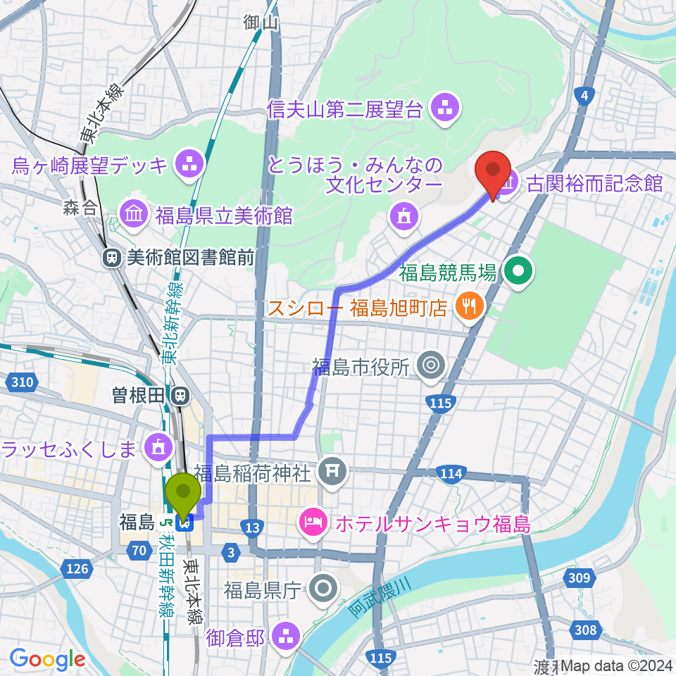 福島駅からふくしん夢の音楽堂へのルートマップ地図