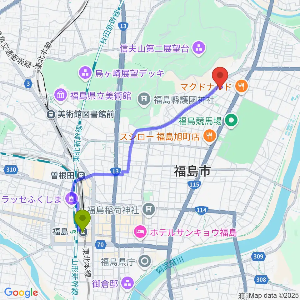 福島駅からふくしん夢の音楽堂へのルートマップ地図