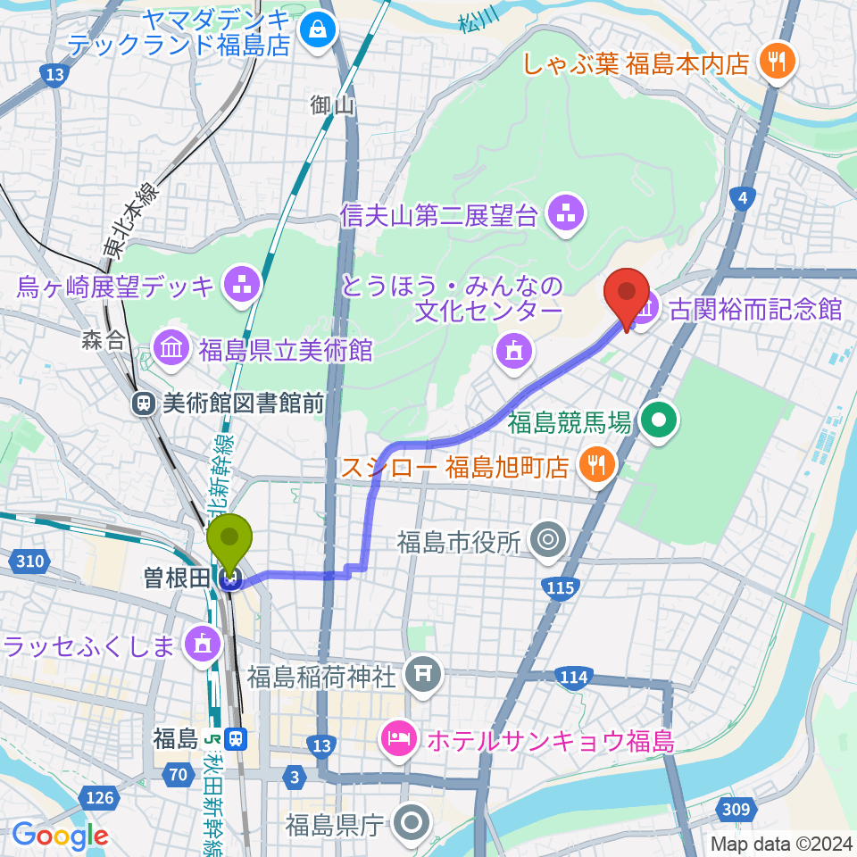 ふくしん夢の音楽堂の最寄駅曽根田駅からの徒歩ルート（約33分）地図