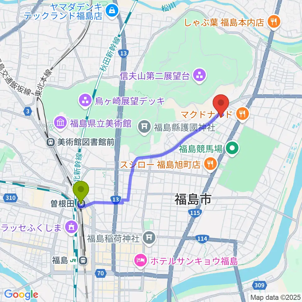 ふくしん夢の音楽堂の最寄駅曽根田駅からの徒歩ルート（約33分）地図