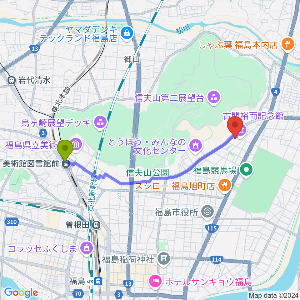 美術館図書館前駅からふくしん夢の音楽堂へのルートマップ地図