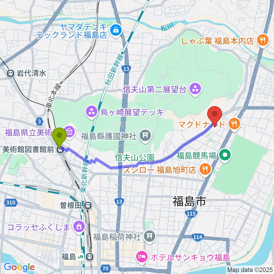 美術館図書館前駅からふくしん夢の音楽堂へのルートマップ地図