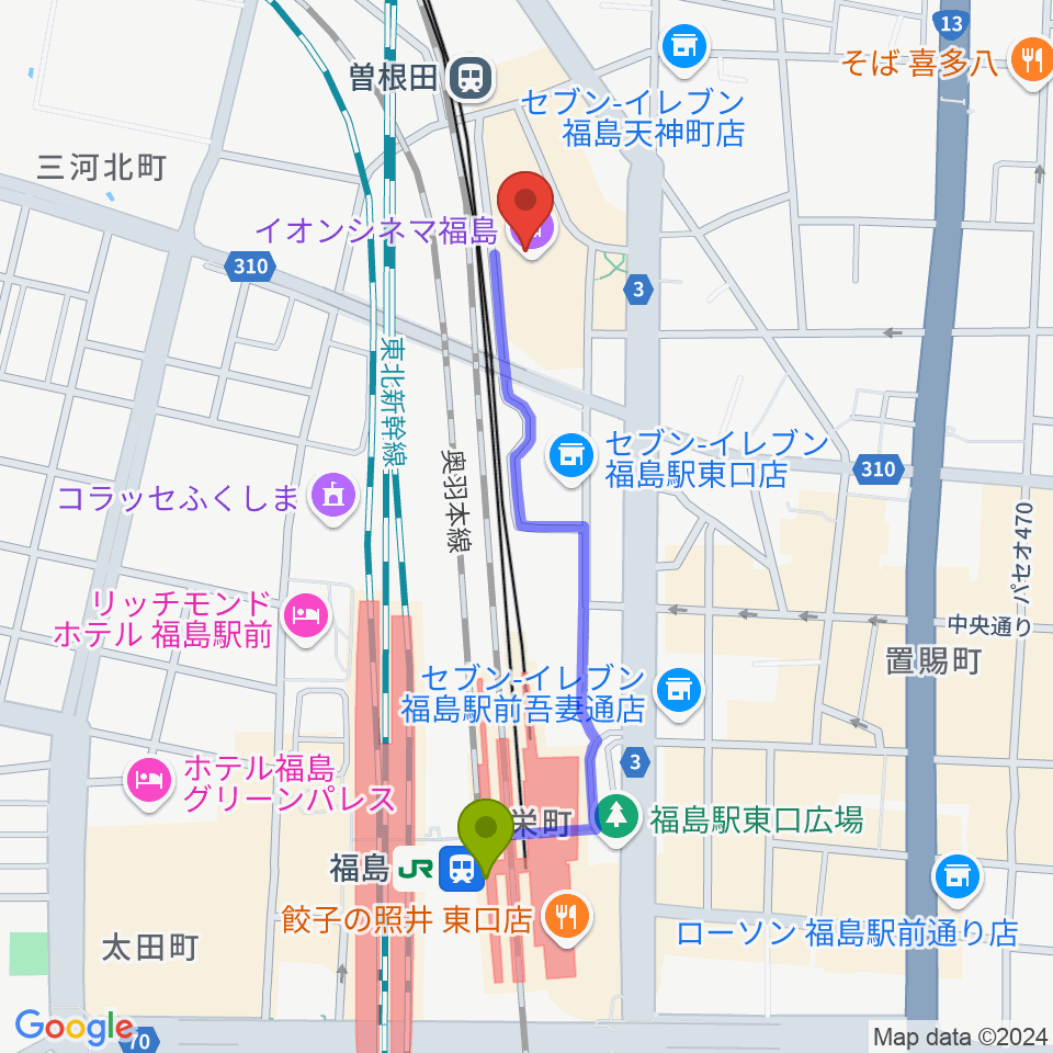 福島駅から福島市アクティブシニアセンター・アオウゼへのルートマップ地図