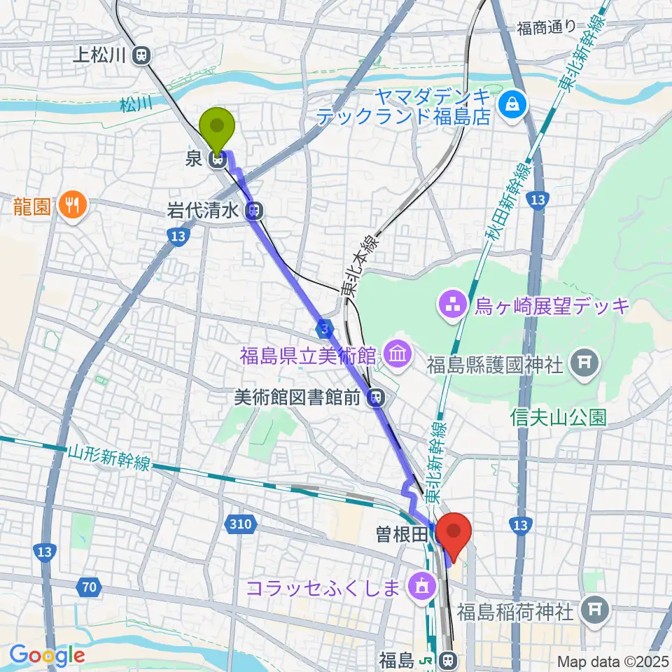 泉駅から福島市アクティブシニアセンター アオウゼへのルートマップ地図