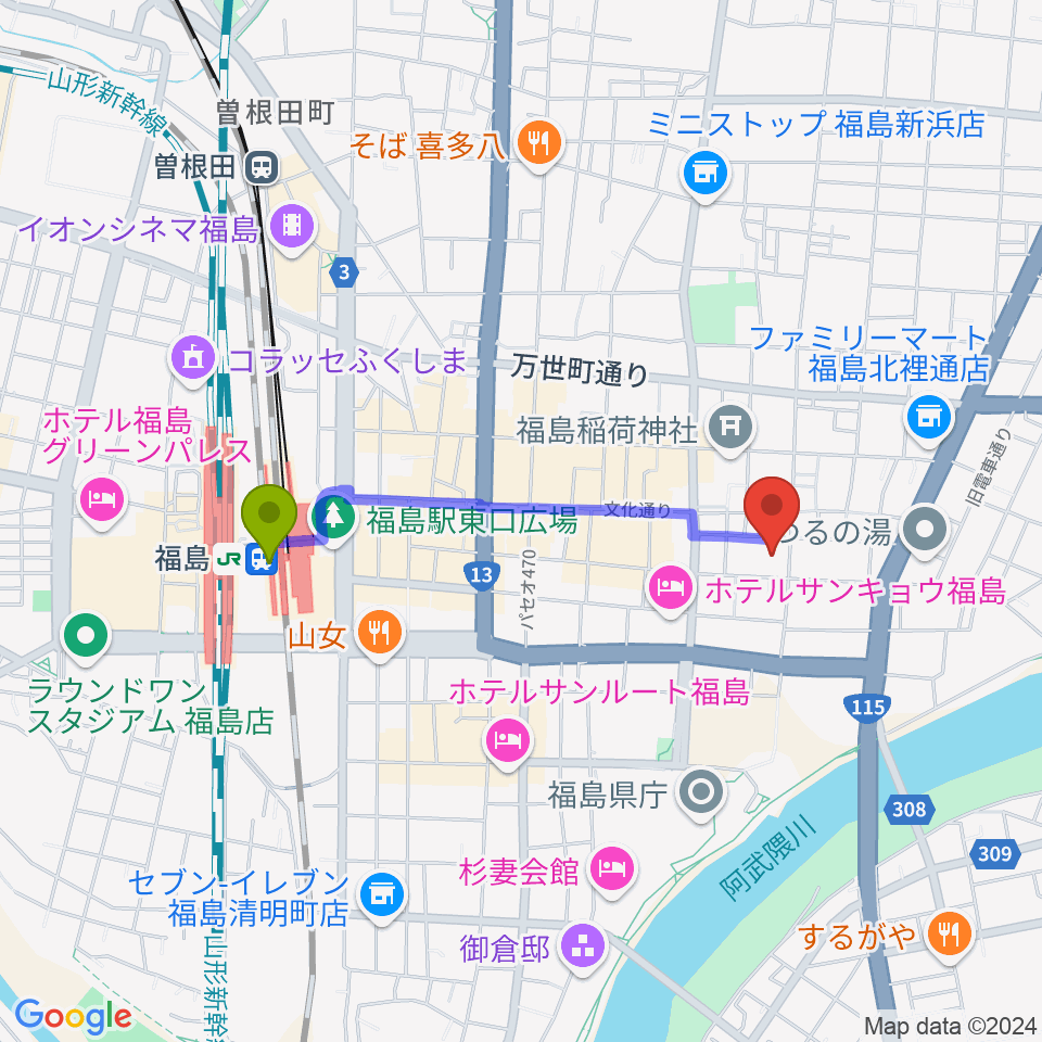 キョウワグループ・テルサホール（福島テルサ）の最寄駅福島駅からの徒歩ルート（約15分）地図