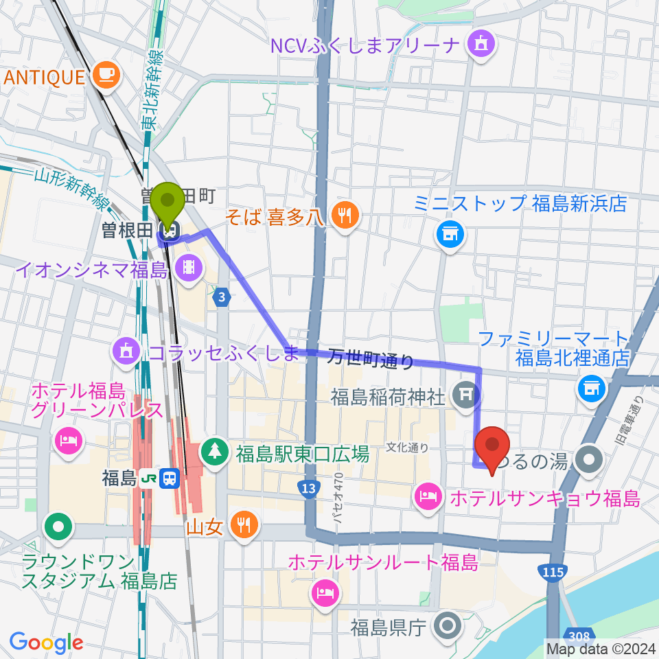 曽根田駅からキョウワグループ・テルサホール（福島テルサ）へのルートマップ地図