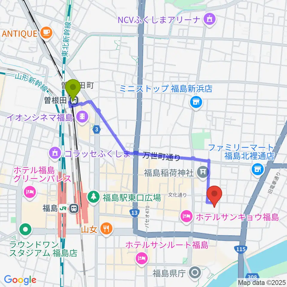 曽根田駅からキョウワグループ・テルサホールへのルートマップ地図