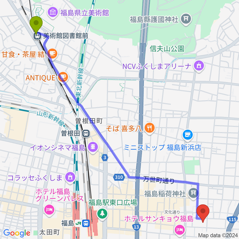 美術館図書館前駅からキョウワグループ・テルサホール（福島テルサ）へのルートマップ地図