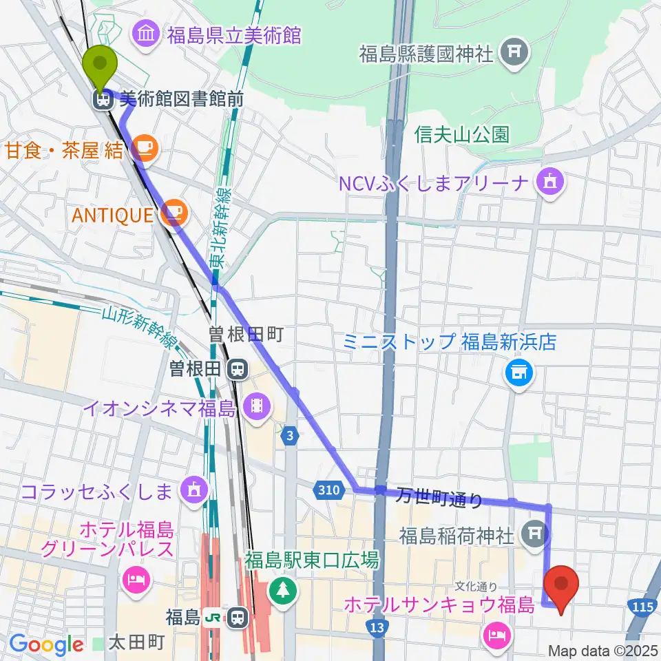 美術館図書館前駅からキョウワグループ・テルサホールへのルートマップ地図