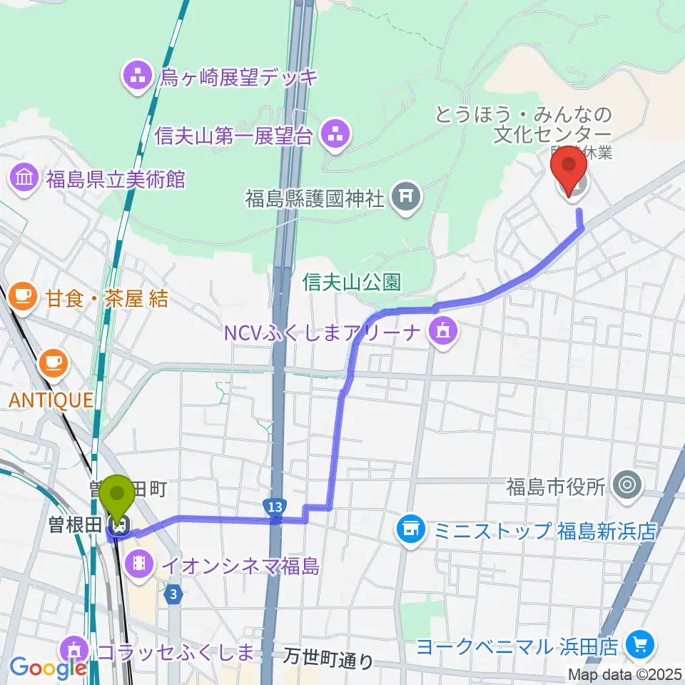 とうほう・みんなの文化センターの最寄駅曽根田駅からの徒歩ルート（約25分）地図