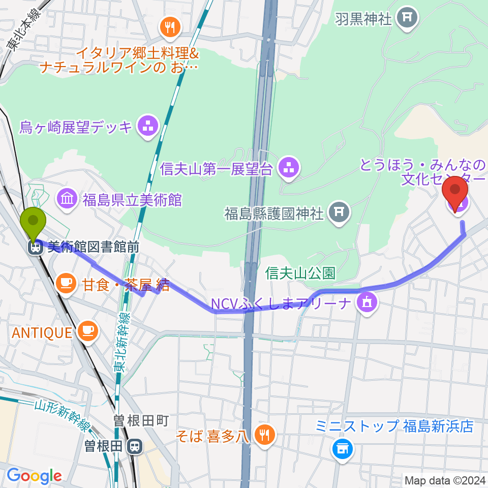 美術館図書館前駅からとうほう・みんなの文化センターへのルートマップ地図