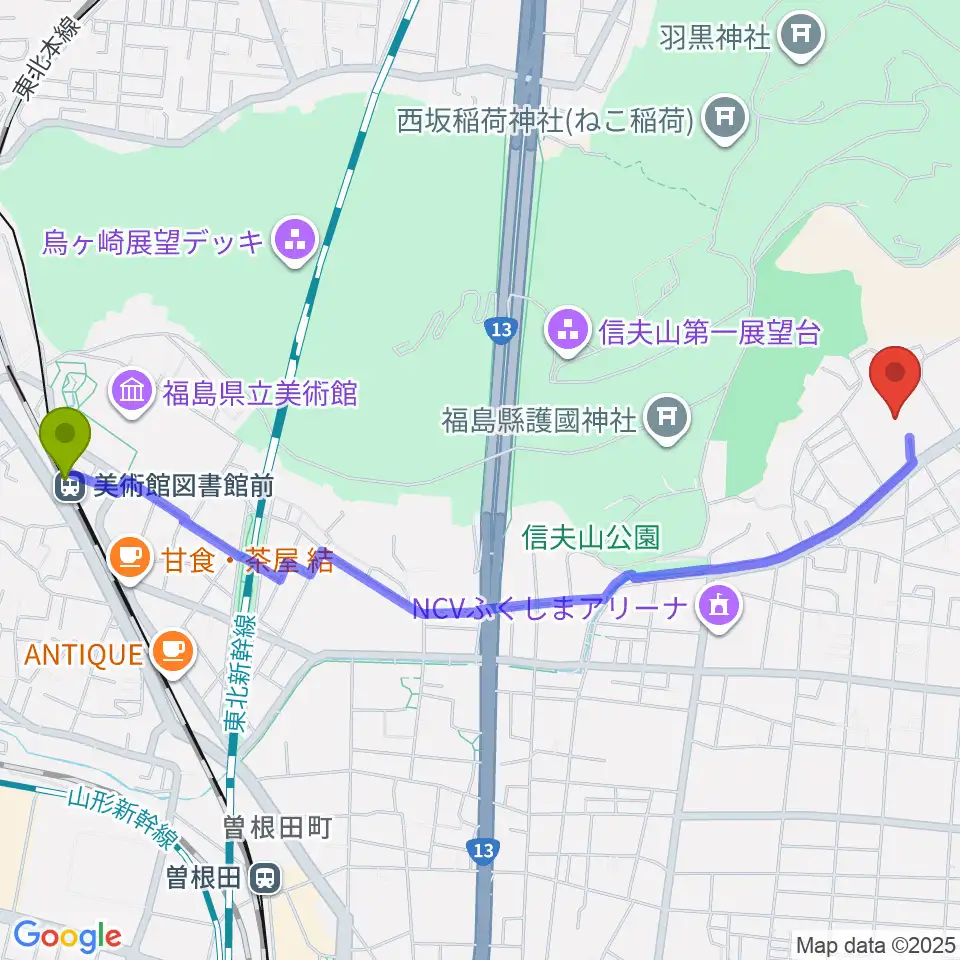 美術館図書館前駅からとうほう・みんなの文化センターへのルートマップ地図