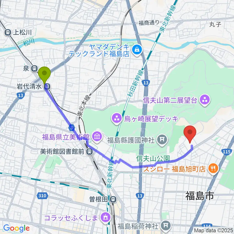 岩代清水駅からとうほう・みんなの文化センターへのルートマップ地図