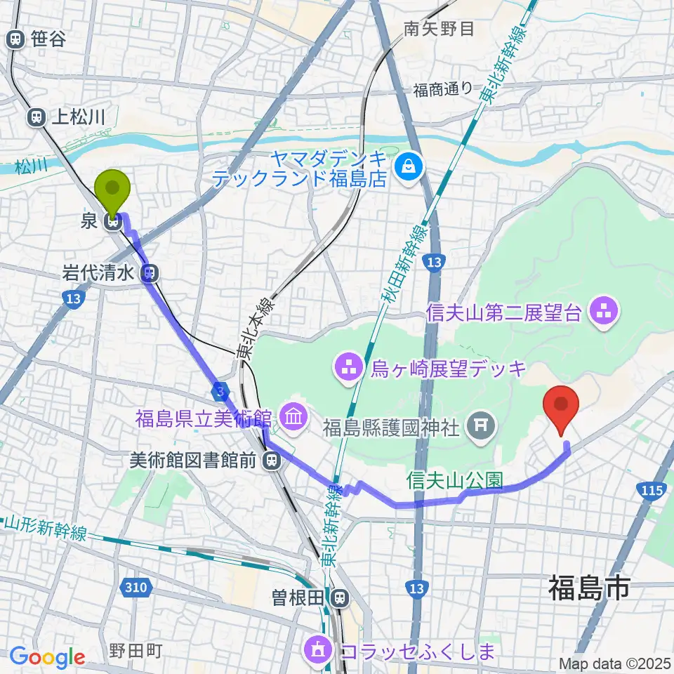 泉駅からとうほう・みんなの文化センターへのルートマップ地図