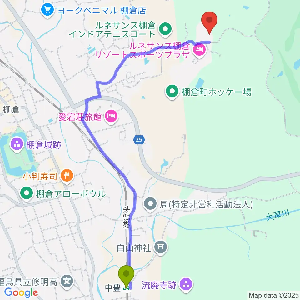 中豊駅から棚倉町文化センター 倉美館へのルートマップ地図