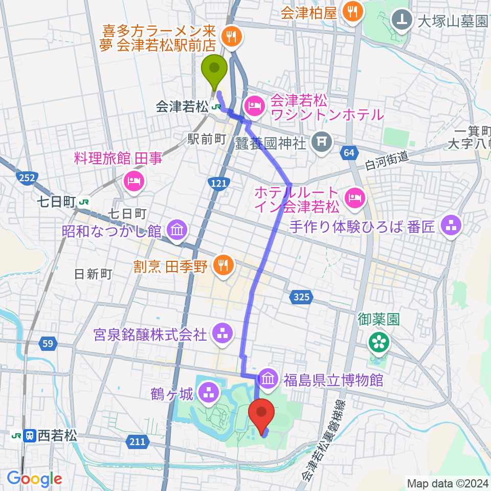 会津若松駅から会津若松市文化センターへのルートマップ地図