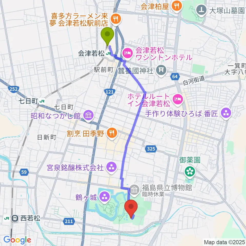 会津若松駅から会津若松市文化センターへのルートマップ地図