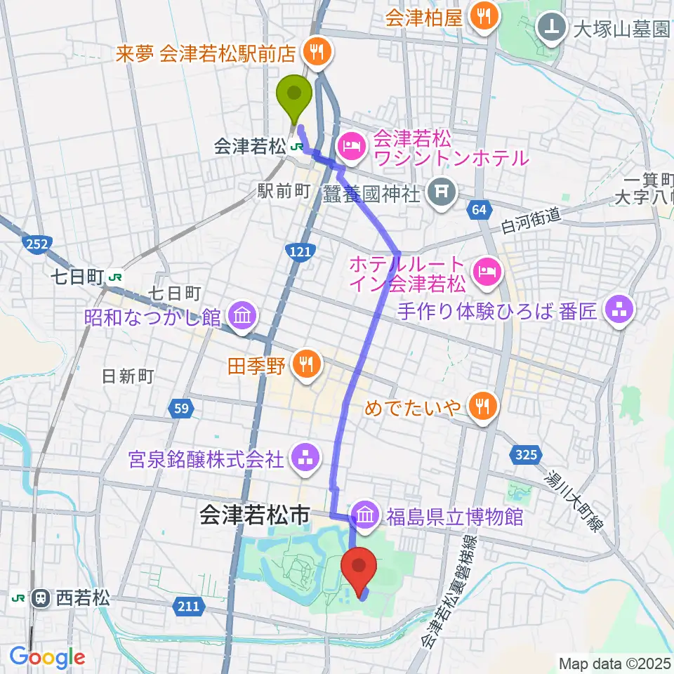 会津若松駅から会津若松市文化センターへのルートマップ地図