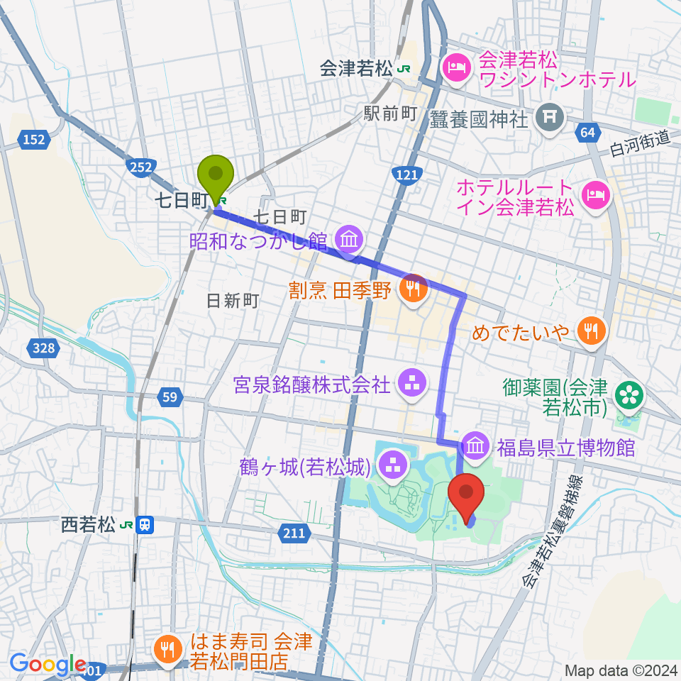 七日町駅から会津若松市文化センターへのルートマップ地図