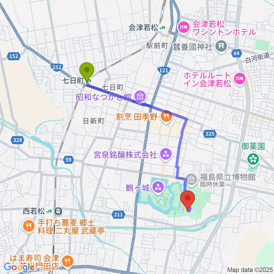 七日町駅から会津若松市文化センターへのルートマップ地図