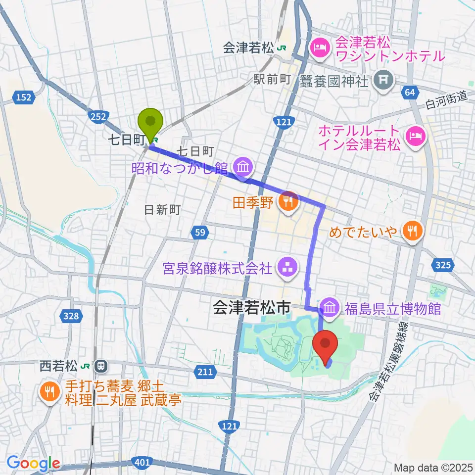 七日町駅から会津若松市文化センターへのルートマップ地図