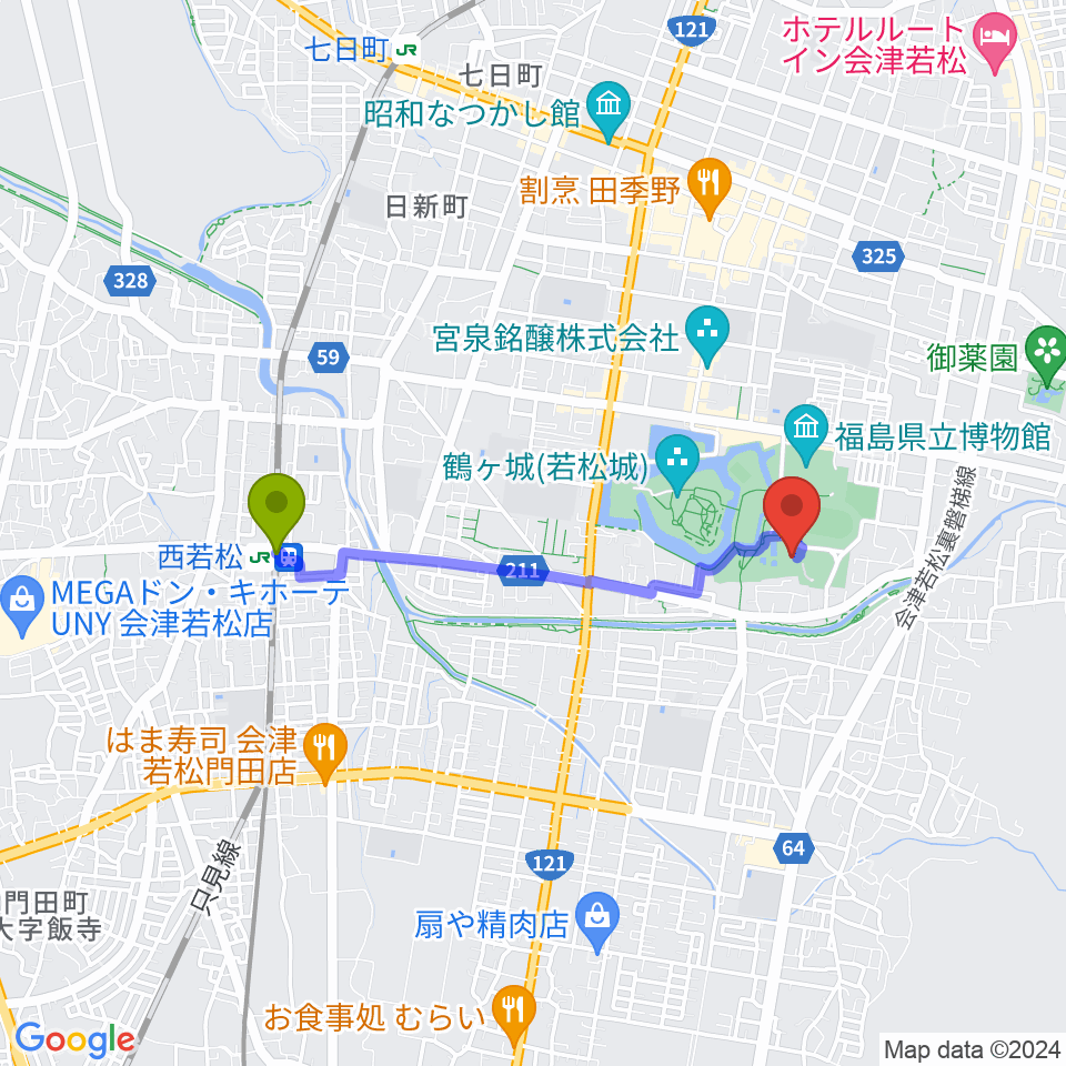 会津若松市文化センターの最寄駅西若松駅からの徒歩ルート（約29分）地図