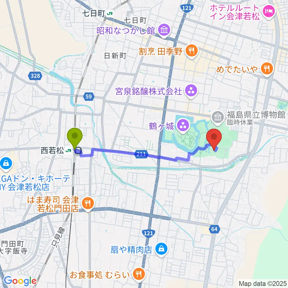 会津若松市文化センターの最寄駅西若松駅からの徒歩ルート（約29分）地図