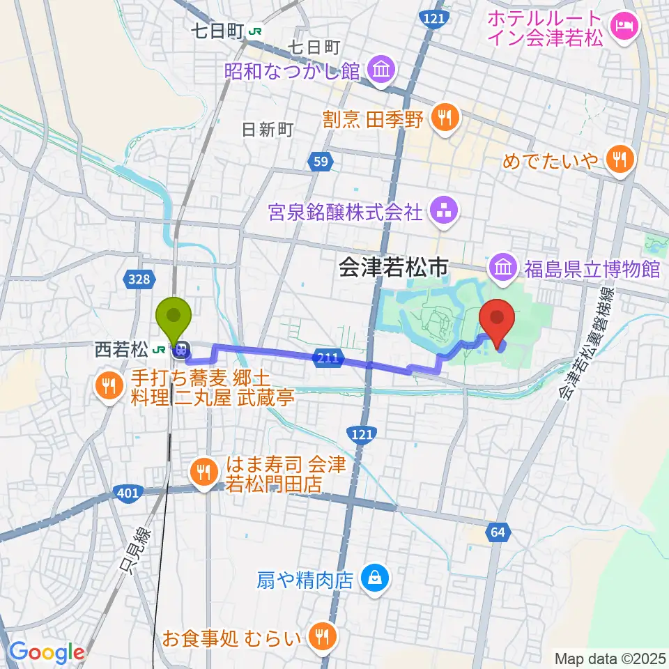 会津若松市文化センターの最寄駅西若松駅からの徒歩ルート（約29分）地図