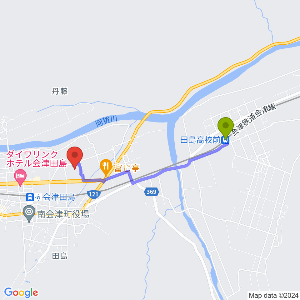 田島高校前駅から御蔵入交流館へのルートマップ地図