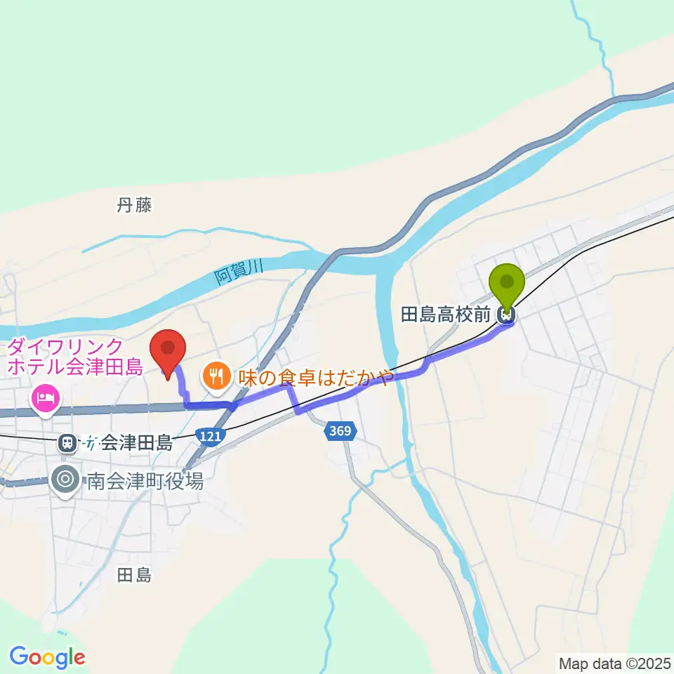 田島高校前駅から御蔵入交流館へのルートマップ地図