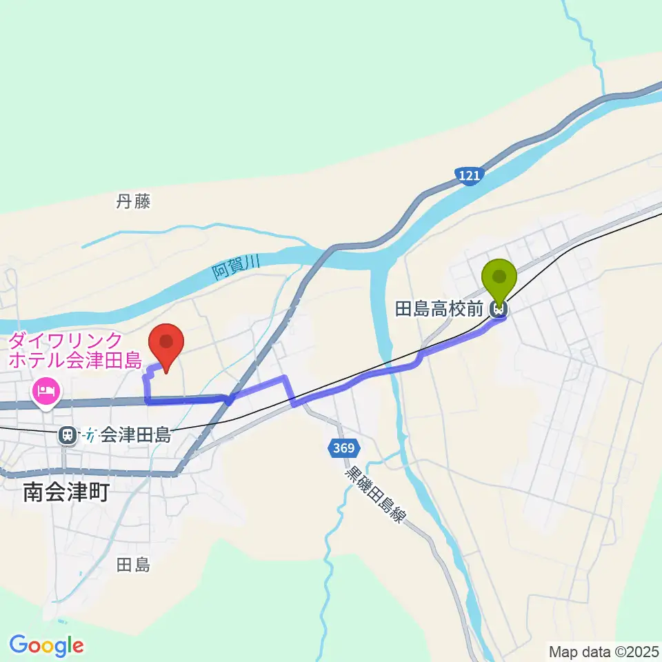 田島高校前駅から御蔵入交流館へのルートマップ地図
