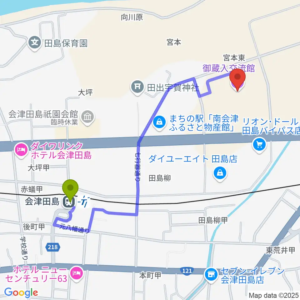 御蔵入交流館の最寄駅会津田島駅からの徒歩ルート（約10分）地図