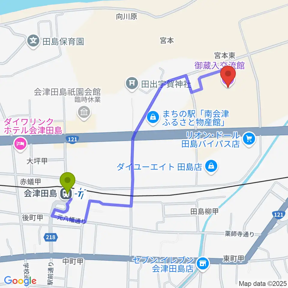 御蔵入交流館の最寄駅会津田島駅からの徒歩ルート（約10分）地図