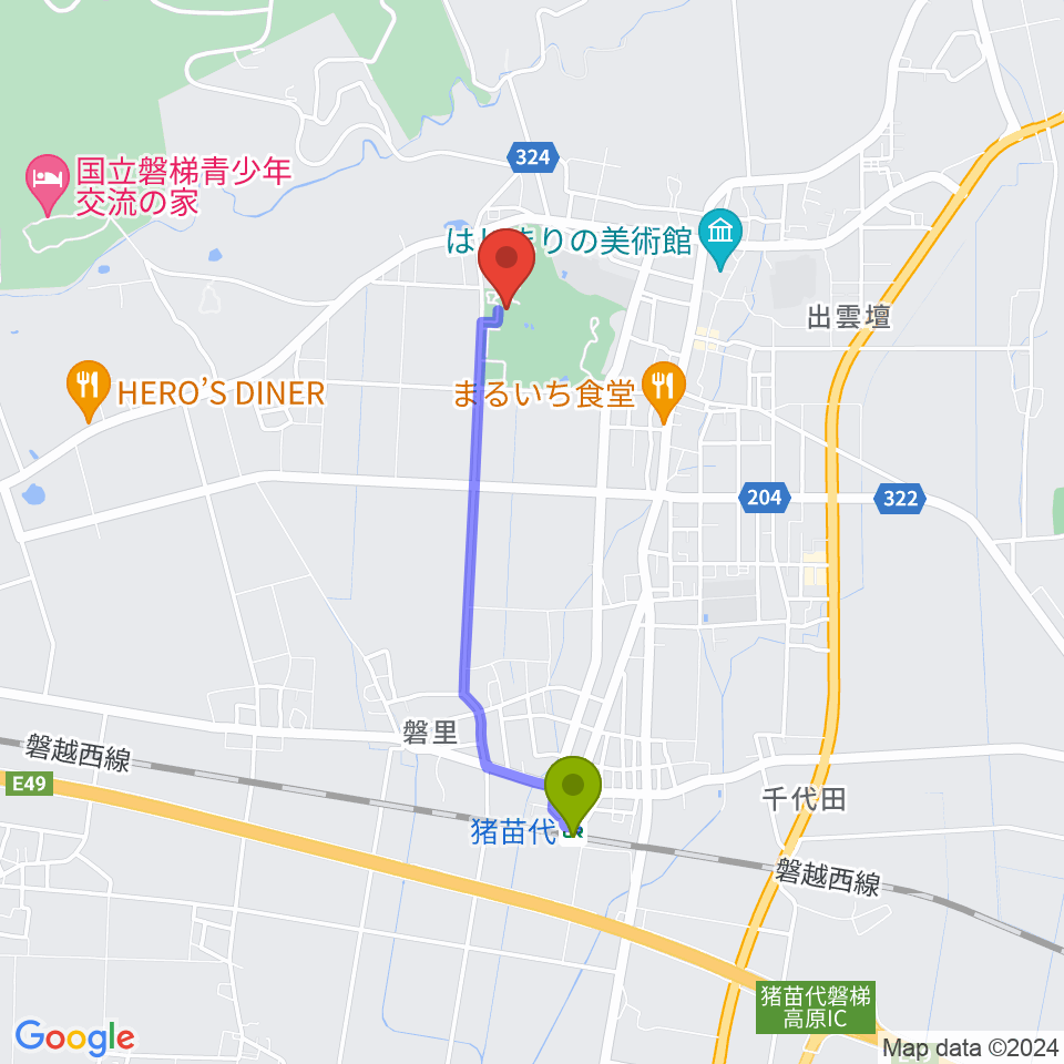 猪苗代町体験交流館の最寄駅猪苗代駅からの徒歩ルート（約30分）地図