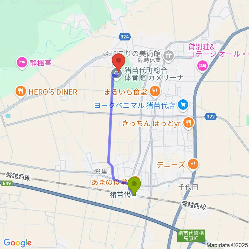 猪苗代町体験交流館の最寄駅猪苗代駅からの徒歩ルート（約30分）地図