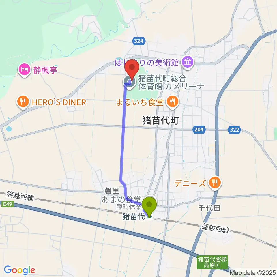 猪苗代町体験交流館の最寄駅猪苗代駅からの徒歩ルート（約30分）地図