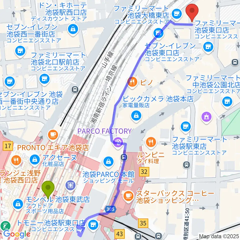 池袋ミスマッチの最寄駅池袋駅からの徒歩ルート（約7分）地図