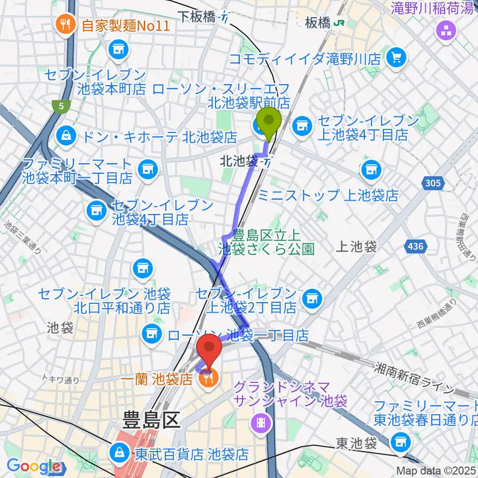 北池袋駅から池袋ミスマッチへのルートマップ地図