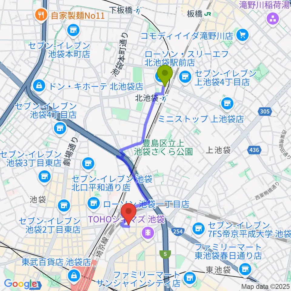 北池袋駅から池袋ミスマッチへのルートマップ地図