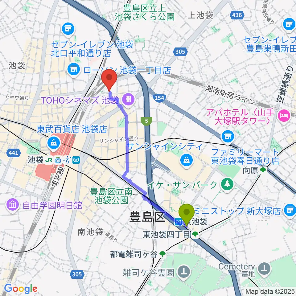 東池袋駅から池袋ミスマッチへのルートマップ地図