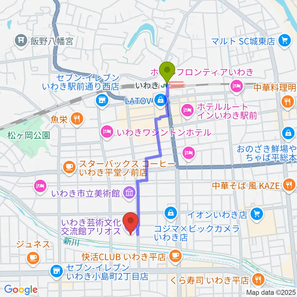 いわき芸術文化交流館アリオスの最寄駅いわき駅からの徒歩ルート（約16分）地図