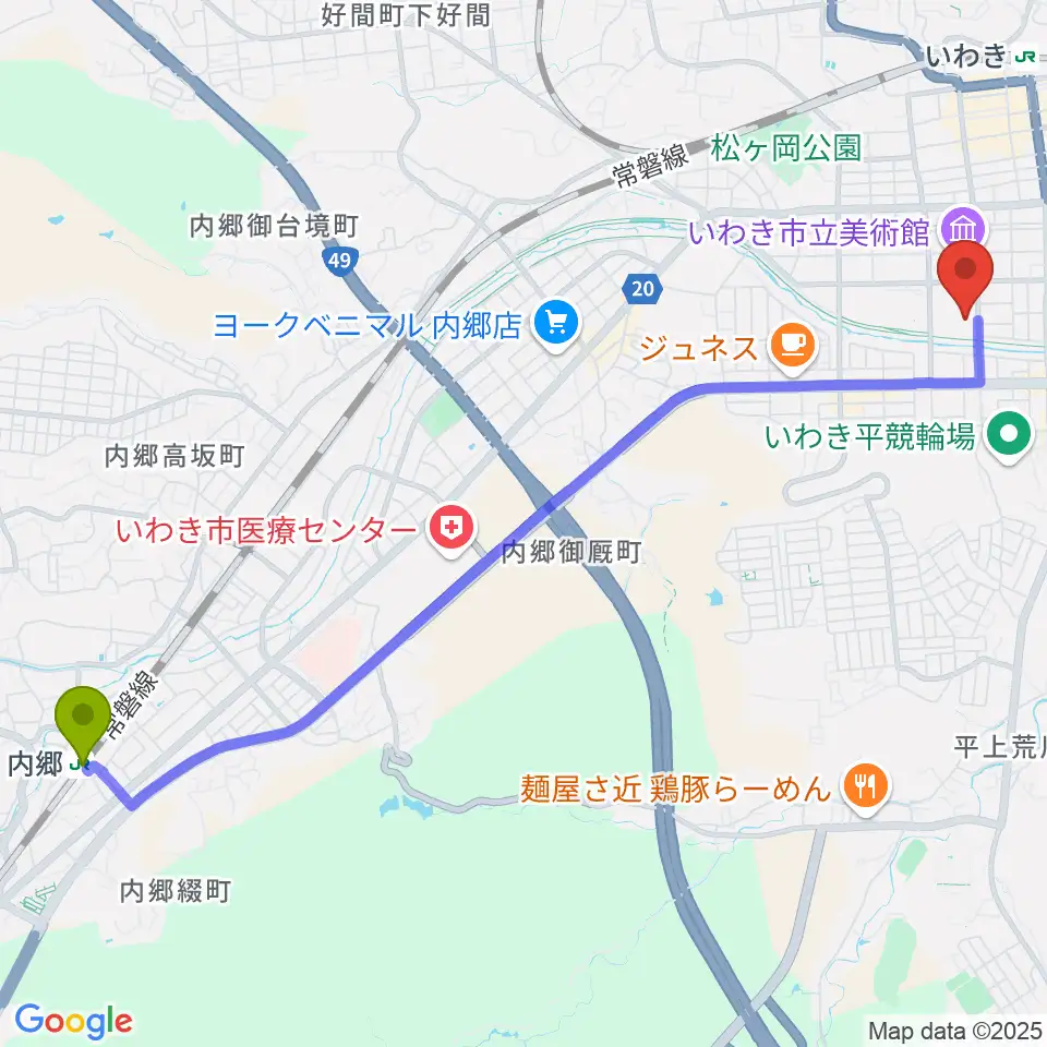 内郷駅からいわき芸術文化交流館アリオスへのルートマップ地図