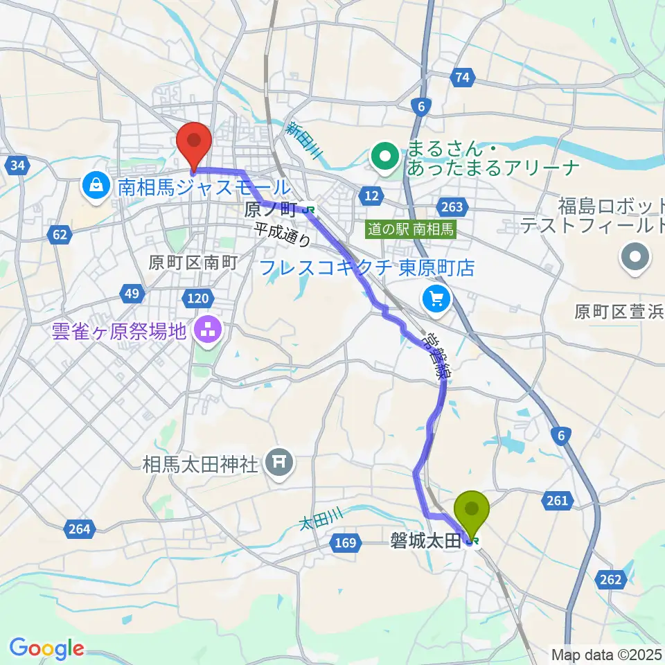 磐城太田駅から南相馬市民文化会館 ゆめはっとへのルートマップ地図