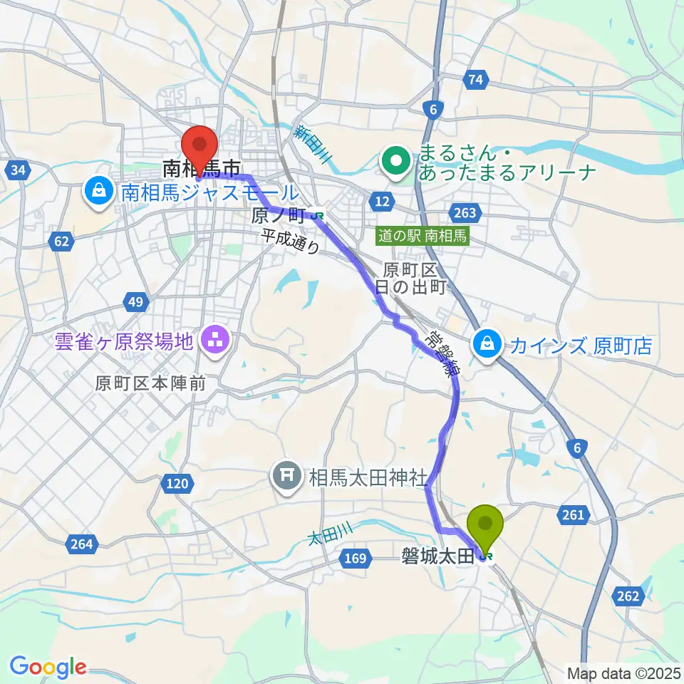 磐城太田駅から南相馬市民文化会館 ゆめはっとへのルートマップ地図