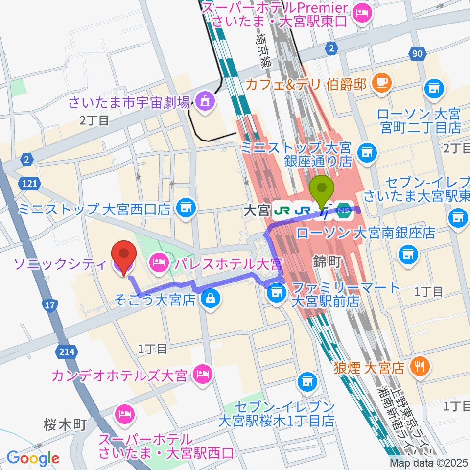 大宮ソニックシティホールの最寄駅大宮駅からの徒歩ルート（約7分）地図