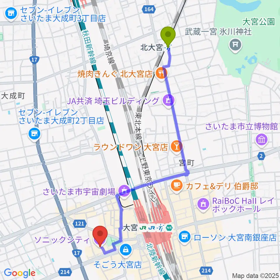 北大宮駅から大宮ソニックシティホールへのルートマップ地図