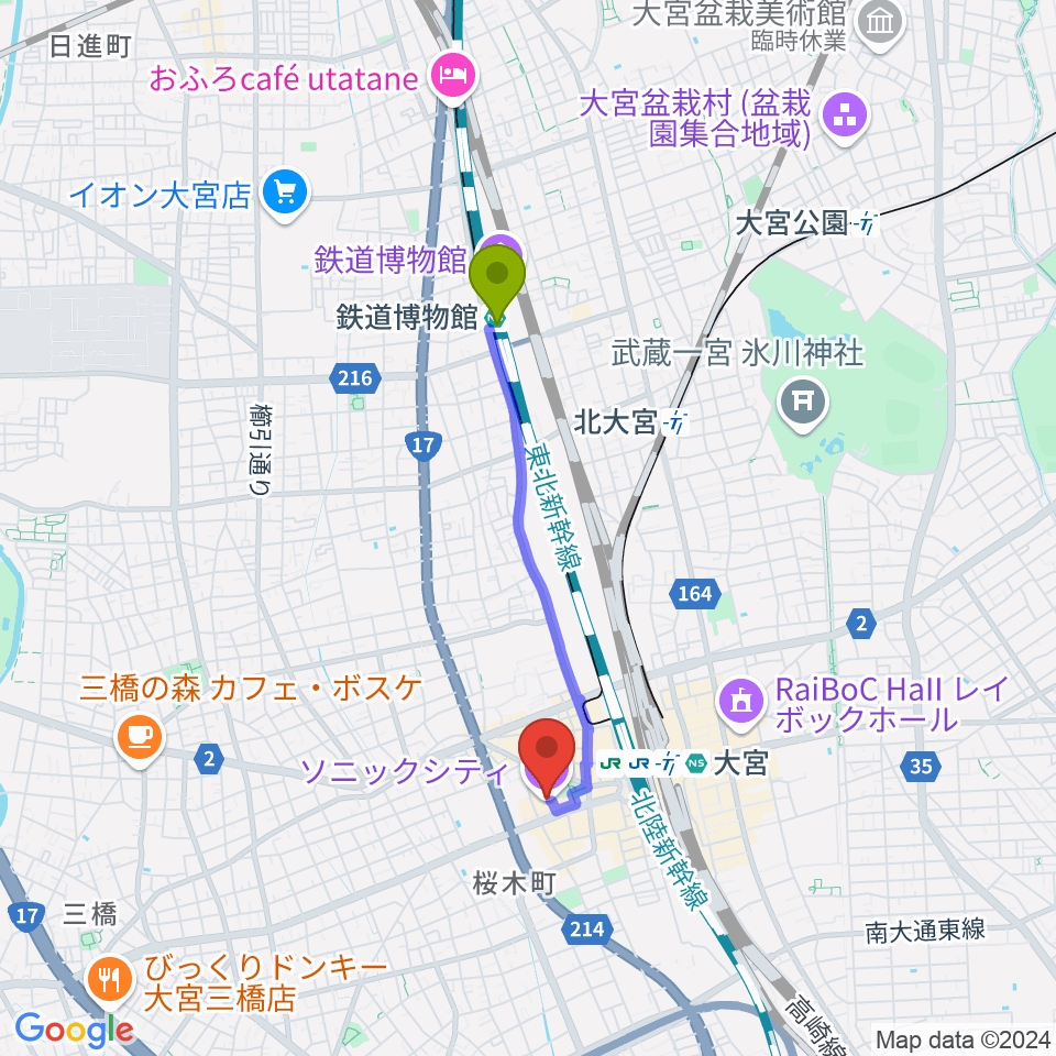 鉄道博物館駅から大宮ソニックシティホールへのルートマップ地図